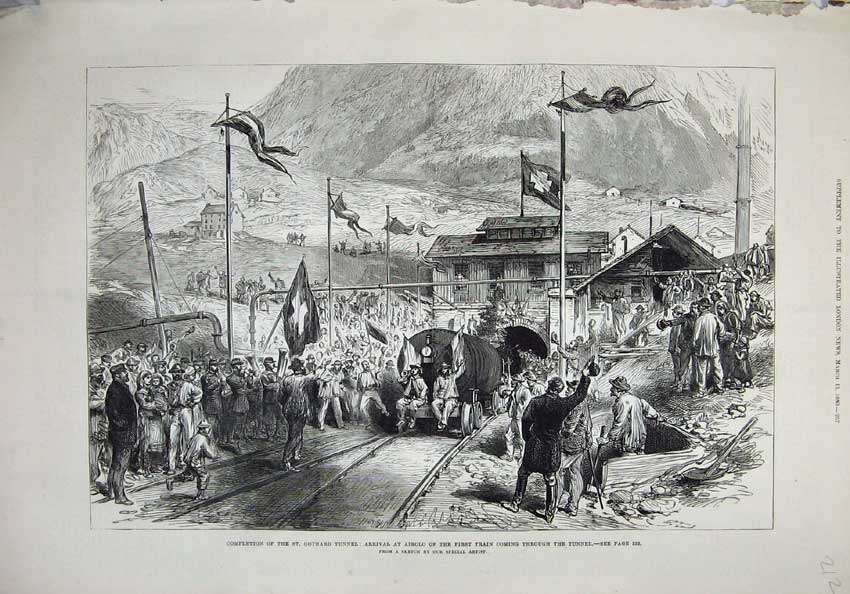 Old Antique Print 1880 Gothard Railway Tunnel Train Mountains Airolo Men 19th