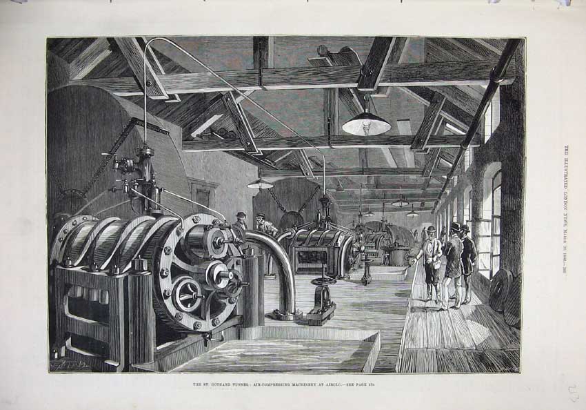 Old Antique Print 1880 St Gothard Tunnel Air-Compressing Machine Airolo 19th