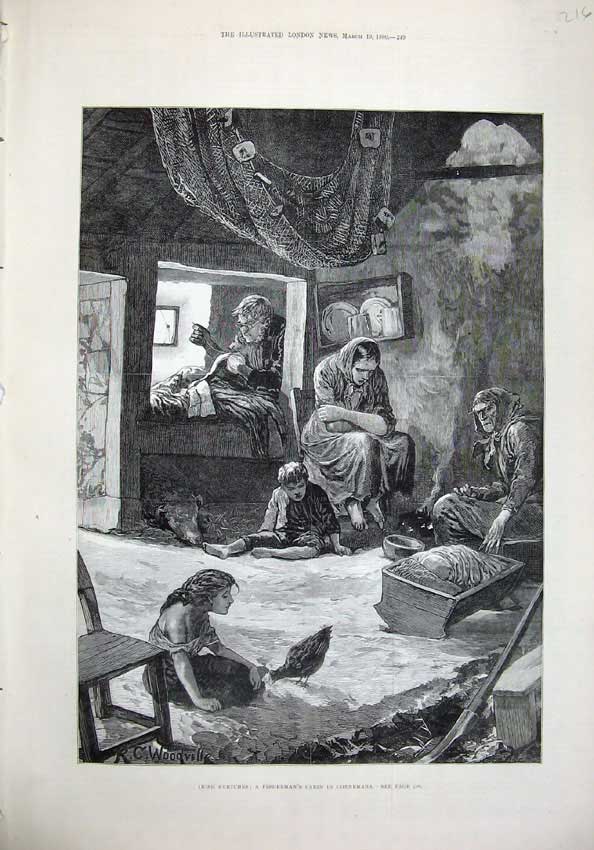 Old Antique Print 1880 Ireland Fishermans Cabin Connemara Woodville Art 19th