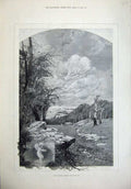 Original Old Antique Print 1880 Country Scene March Trees Wind Grass Fine Art