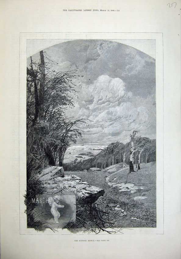 Original Old Antique Print 1880 Country Scene March Trees Wind Grass Fine Art