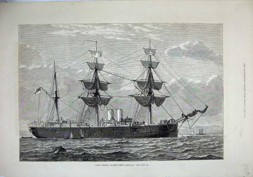 Old Antique Print 1880 Sail War Ship H.M.S Nelson Double Screw Ironclad 19th