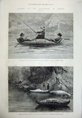 Original Old Antique Print 1880 Fishing Ristigouche Canada River Boat Men Woman