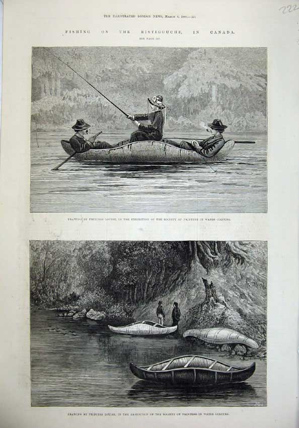 Original Old Antique Print 1880 Fishing Ristigouche Canada River Boat Men Woman