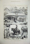 Old Antique Print 1880 Settlement Minnesota Frontier Town People Horses 19th