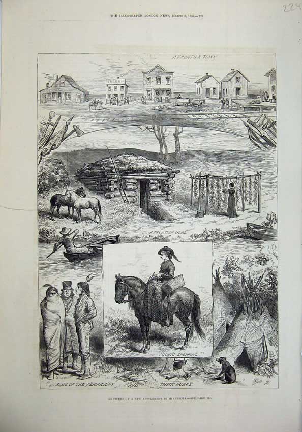 Old Antique Print 1880 Settlement Minnesota Frontier Town People Horses 19th