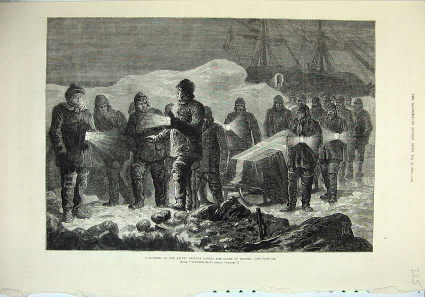 Old Antique Print 1880 Funeral Arctic Regions Night Winter Coffin Ships 19th