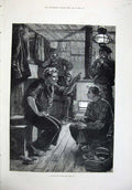 Original Old Antique Print 1880 Men Board Ship Fire Smoking Lamp Light Fine Art