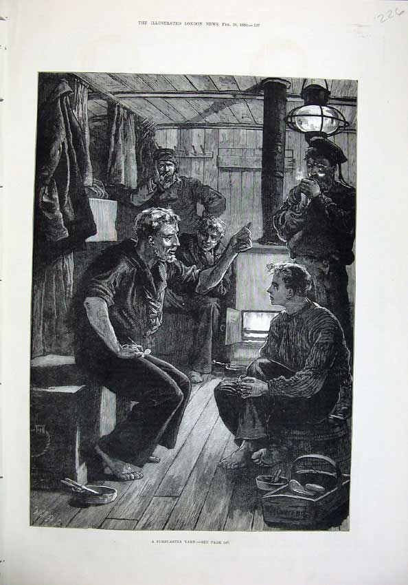 Original Old Antique Print 1880 Men Board Ship Fire Smoking Lamp Light Fine Art