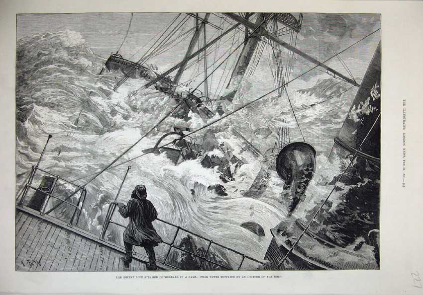 Old Antique Print 1880 Orient Line Steamer Chimborazo Storm Gale Ship Art 19th