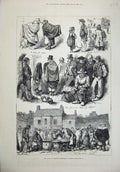 Original Old Antique Print 1880 Ireland Glaway Fish Market People Children Dog