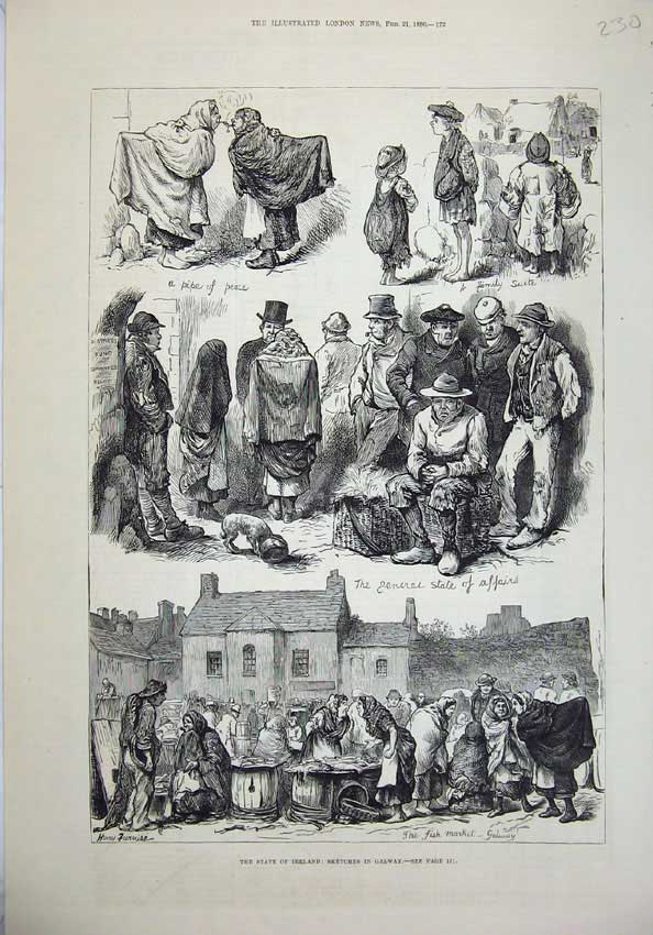 Original Old Antique Print 1880 Ireland Glaway Fish Market People Children Dog