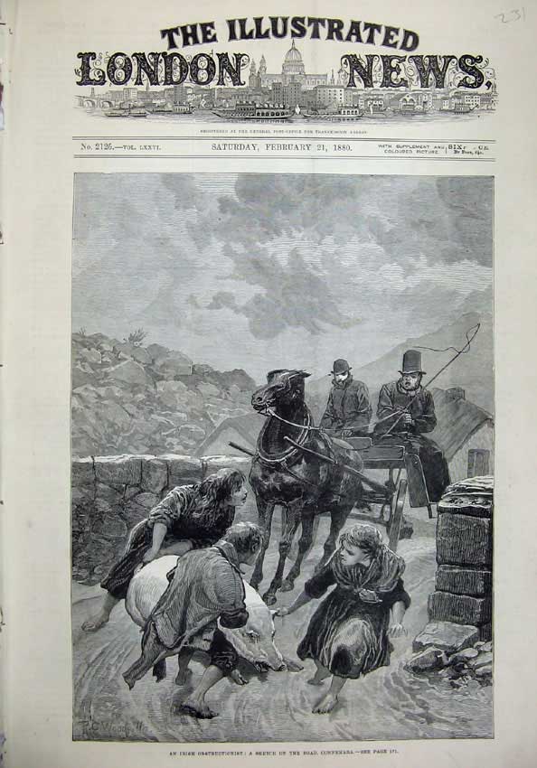 Original Old Antique Print 1880 Ireland Horse Cart Road Connemara Children Pigs