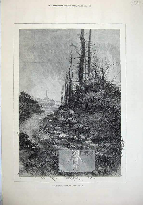 Old Antique Print 1880Fine Art Country Scene Lake Trees February Montbard 19th