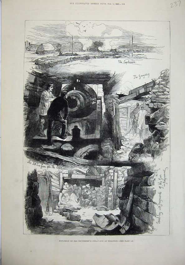Original Old Antique Print 1880 Explosion Thunderer Great Gun Woolwich Cannon