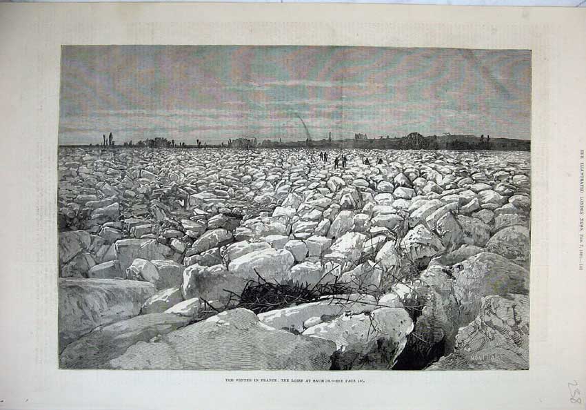 Original Old Antique Print 1880 Winter Scene France Loire Saumur Rocks 19th