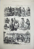 Original Old Antique Print 1880 Ireland Galway Women Quay People Families House