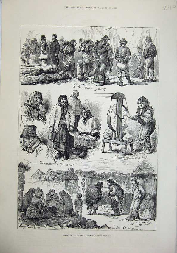 Original Old Antique Print 1880 Ireland Galway Women Quay People Families House