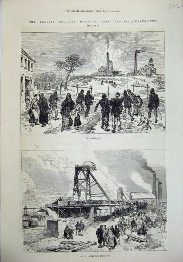 Old Antique Print Leycett Colliery Newcastle-Under-Lyne Pit Explosion1880 19th