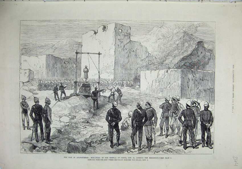 Original Old Antique Print 1880 War Afghanistan Execution Kotwal Cabul Army Men