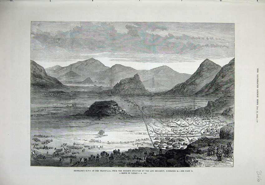 Original Old Antique Print 1880 Secokuni Town Transvaal Mountains Army War Art