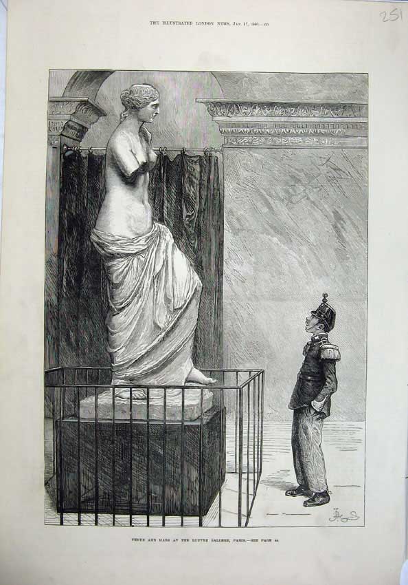 Original Old Antique Print 1880 Fine Art Statue Venus Mars Louvre Gallery Paris