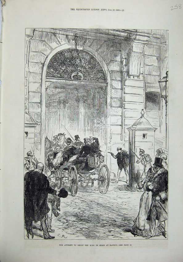 Original Old Antique Print 1880 Attempt Shoot King Madrid Spain Horse Coach