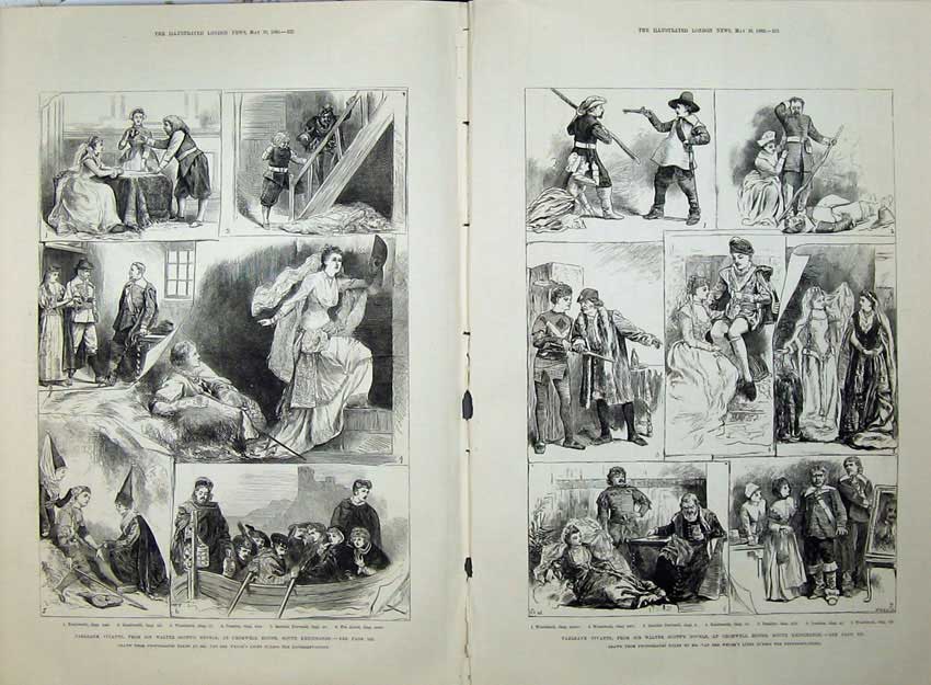 Old Antique Print Walter Scott 1880 Kenilworth Woodstock Cromwell House 19th