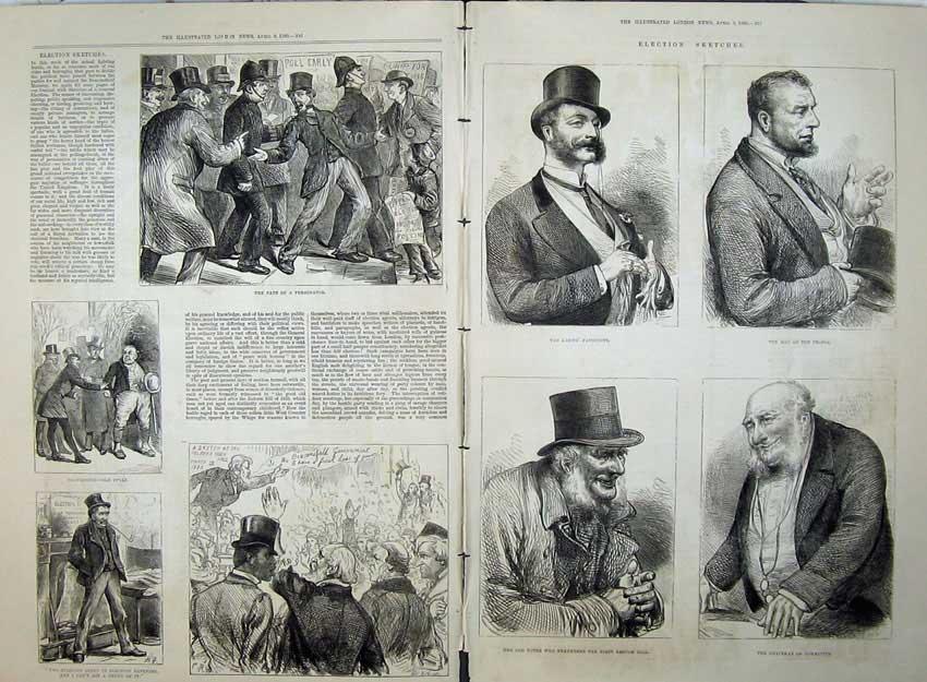 Old Antique Print General Election 1880 Men Voters Canvasing Parliament 19th