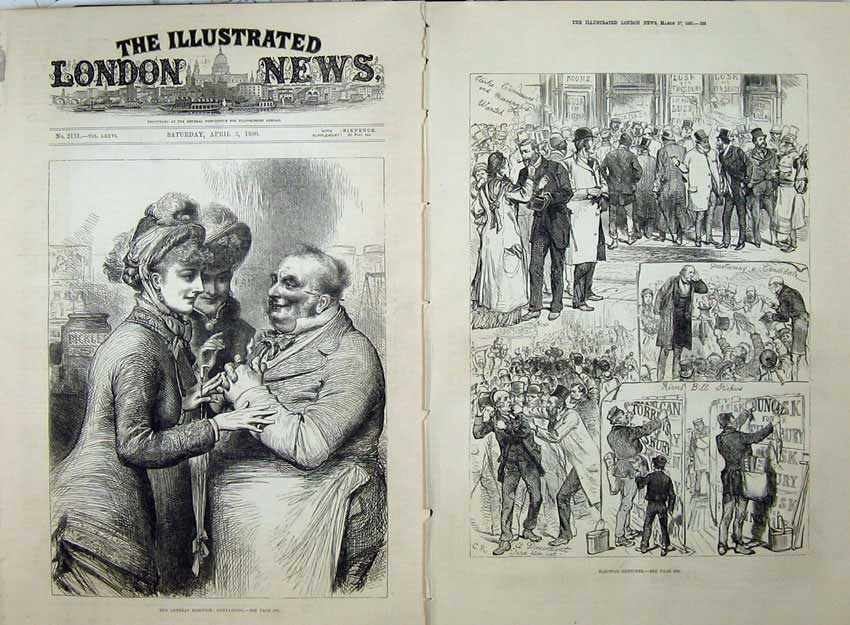 Old Antique Print General Election 1880 Canvassing Men Voting Candidate 19th
