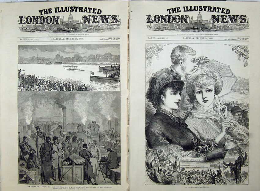 Original Old Antique Print 1880 Oxford Cambridge Boat Race University Chiswick