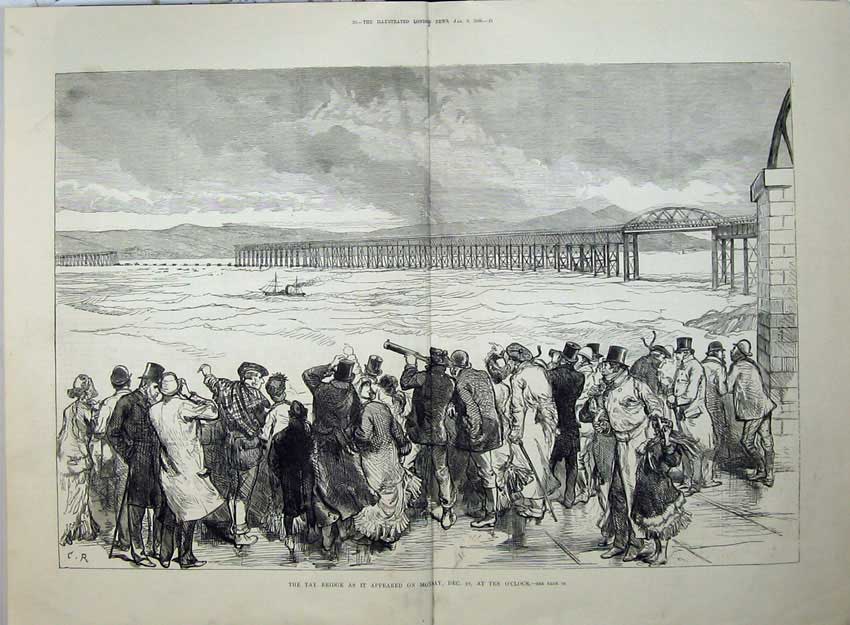 Antique Old Print 1880 Tay Railway Bridge River Construction People Boats 19th