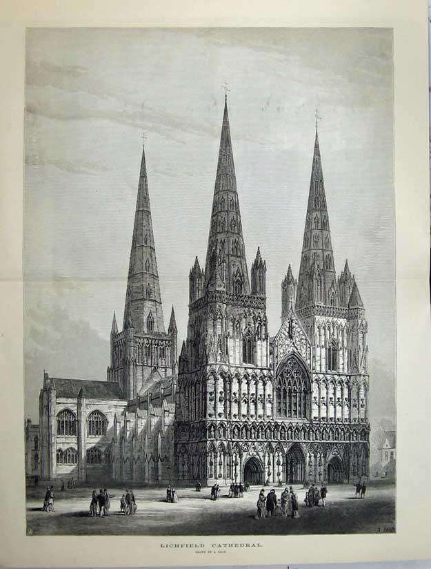 Original Old Antique Print 1880 View Lichfield Cathedral Architecture Read Art