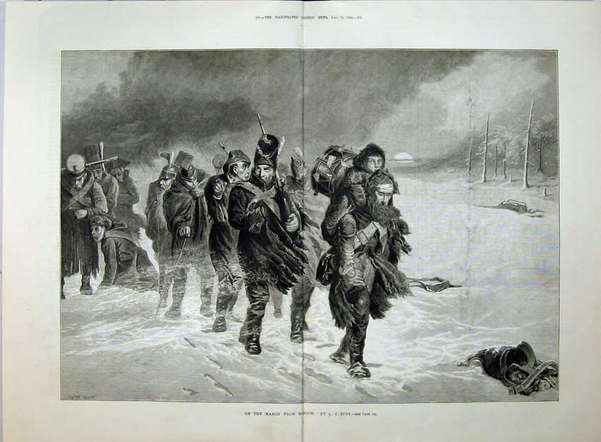 Old Antique Print 1880 Winter Scene Army Music Band Marching Snow Moscow 19th