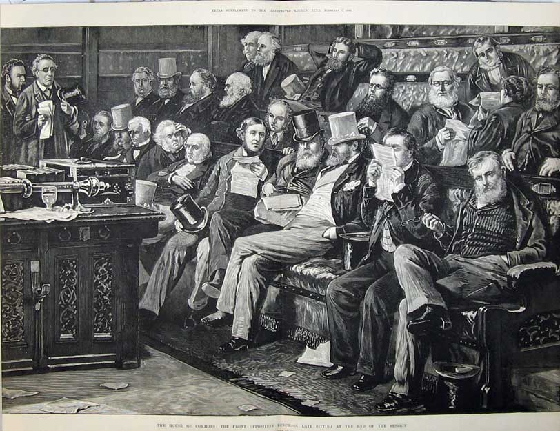 Old Antique Print Fine Art 1880 House Commons Front Opposition Bench Men 19th