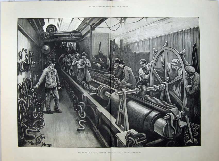 Antique Old Print Fine Art 1880 Testing Chain Cables Chatham Dockyard Men 19th