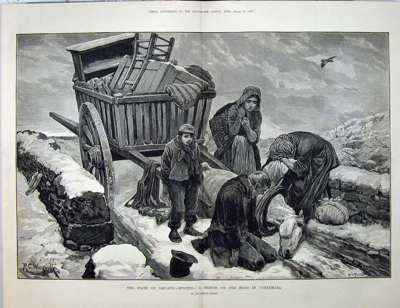 Antique Old Print 1880 Ireland Horse Cart Poor Family Connemara Woodville 19th