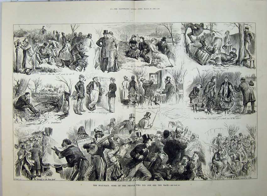 Original Old Antique Print 1880 People Music Band Accidents Bycicle Boat Race