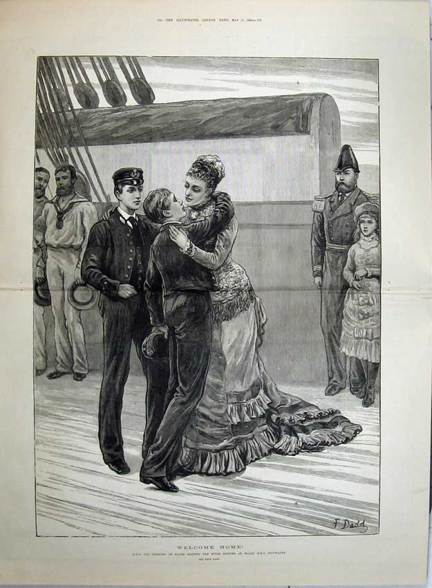 Old Antique Print 1880 Princess Wales Princes Board Ship H.M.S Bacchante 19th