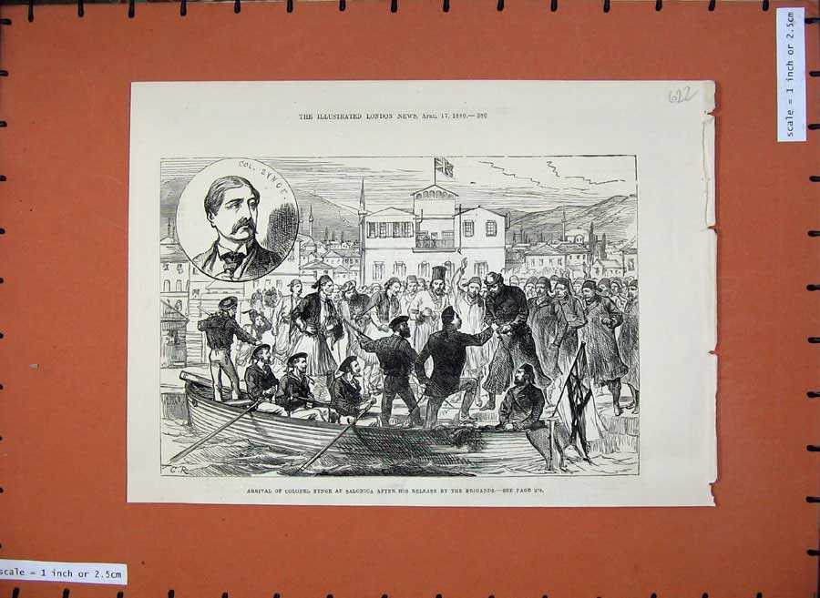 Original Old Antique Print 1880 Colonel Synge Slaonica Brigands Boats River War