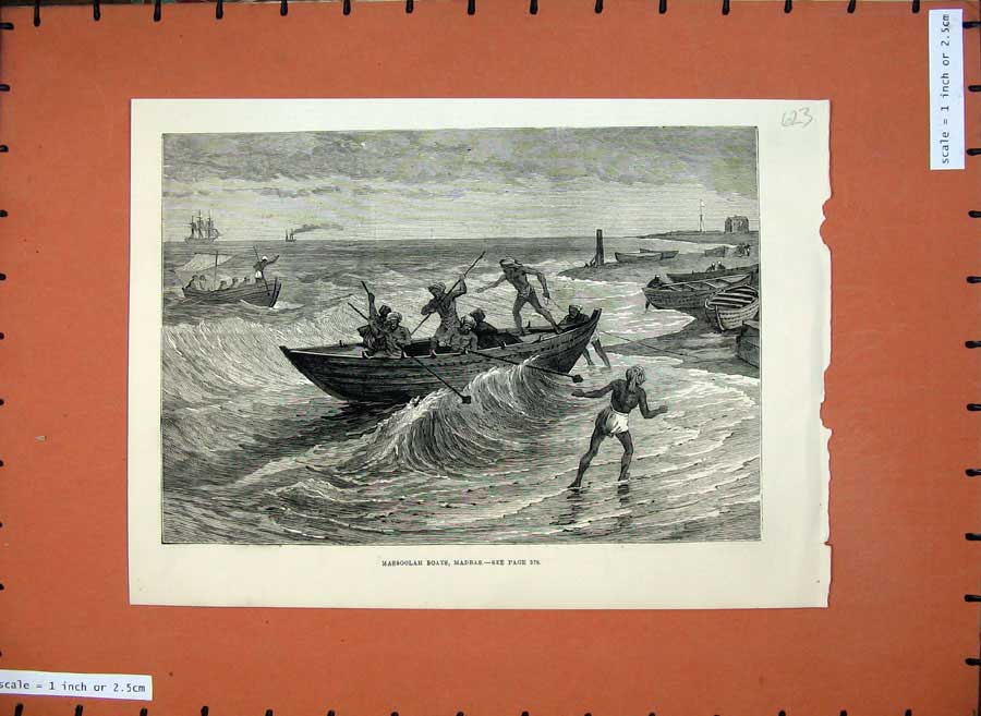 Original Old Antique Print 1880 Massoolah Boats Madras War Native Men Ships Art