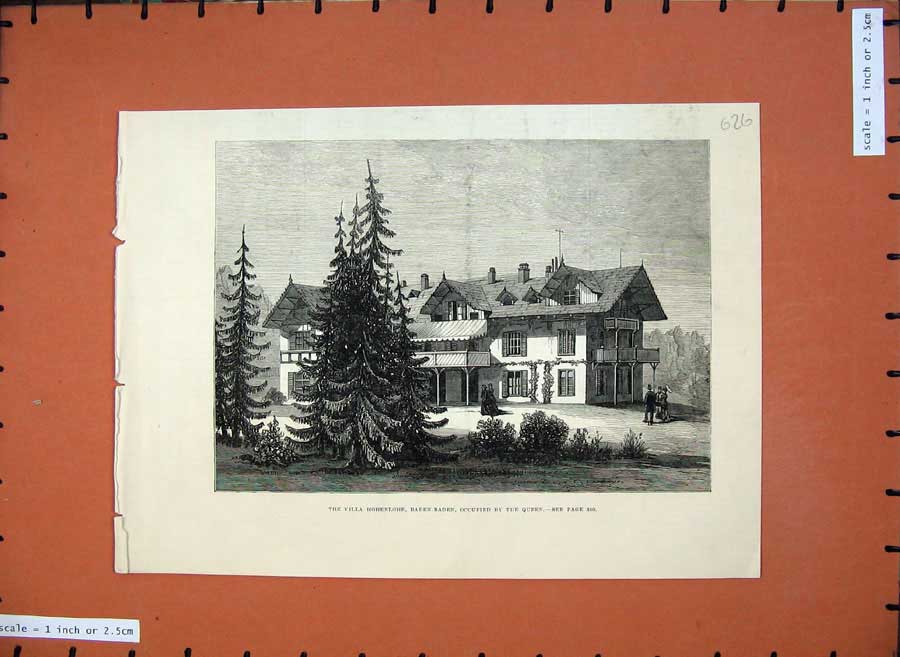 Original Old Antique Print 1880 Villa Hohenlohe Baden-Baden Queen Fine Art 19th