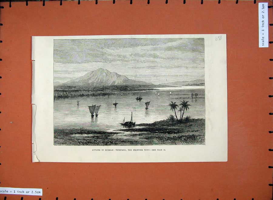 Old Antique Print Burmah 1880 Thyetmyo Frontier Town Mountains Boats Art 19th