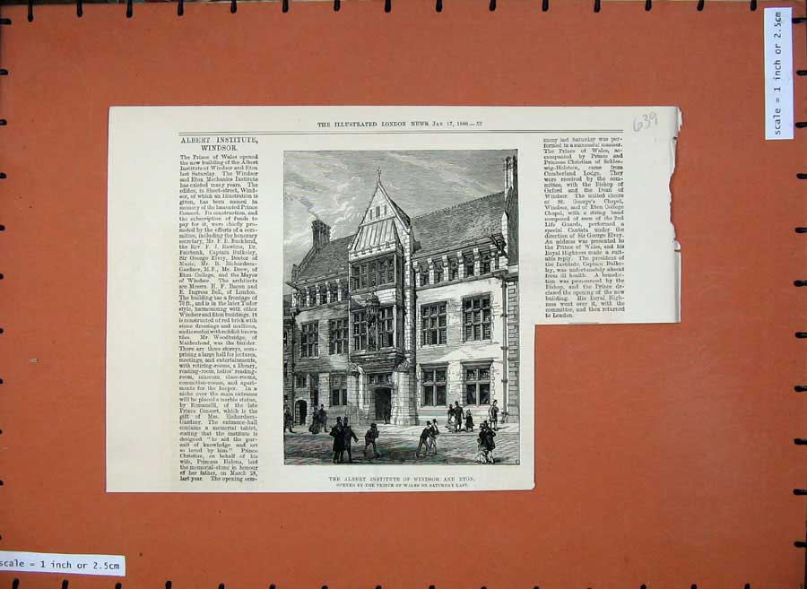 Original Old Antique Print 1880 Albert Institute Windsor Eton Architecture Art