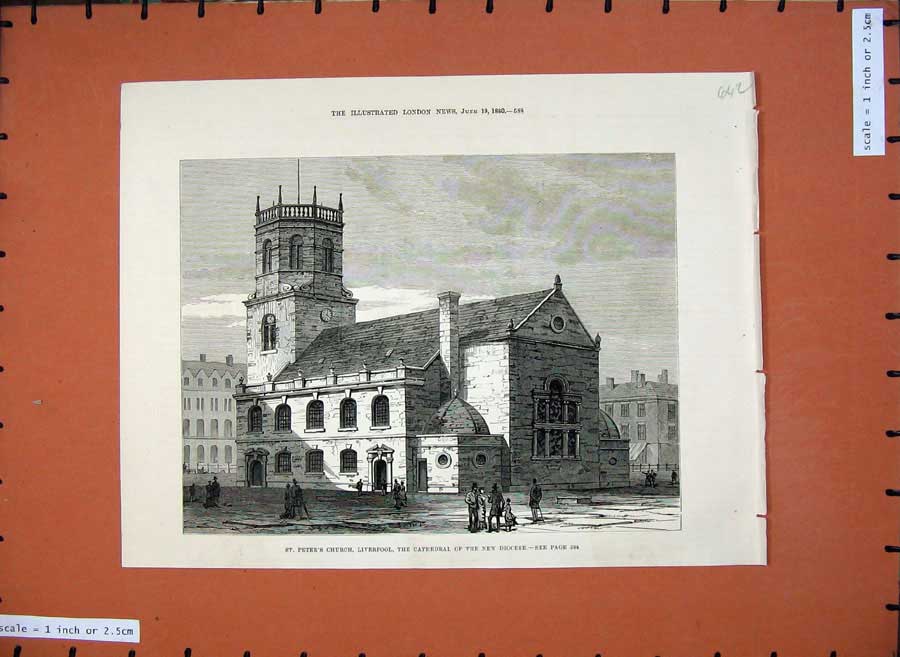 Old Antique Print 1880 St Peter'S Church Liverpool Cathedral New Diocese 19th