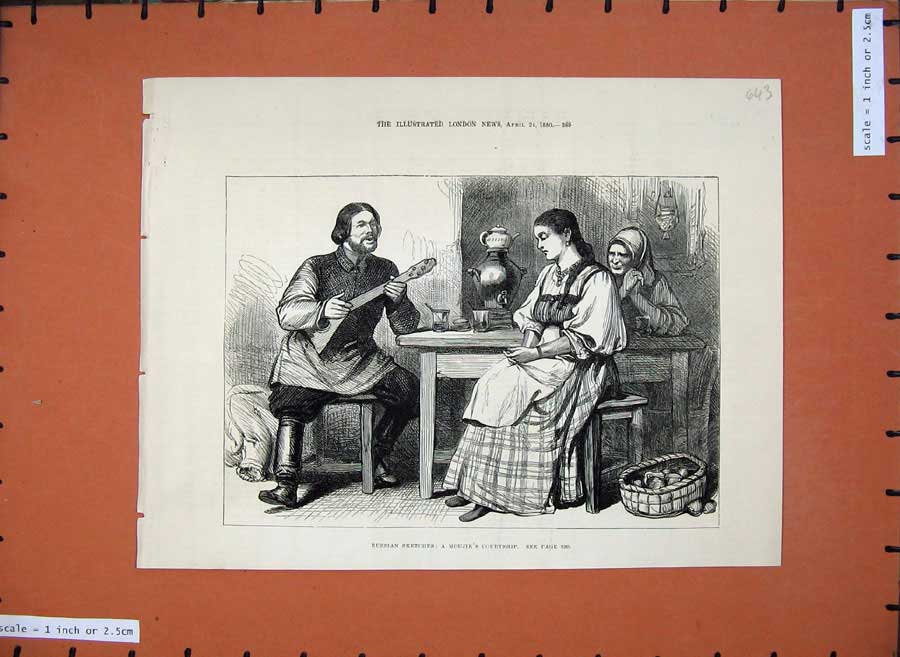 Original Old Antique Print 1880 Russia Moujik Courtship Romance Music Man Woman