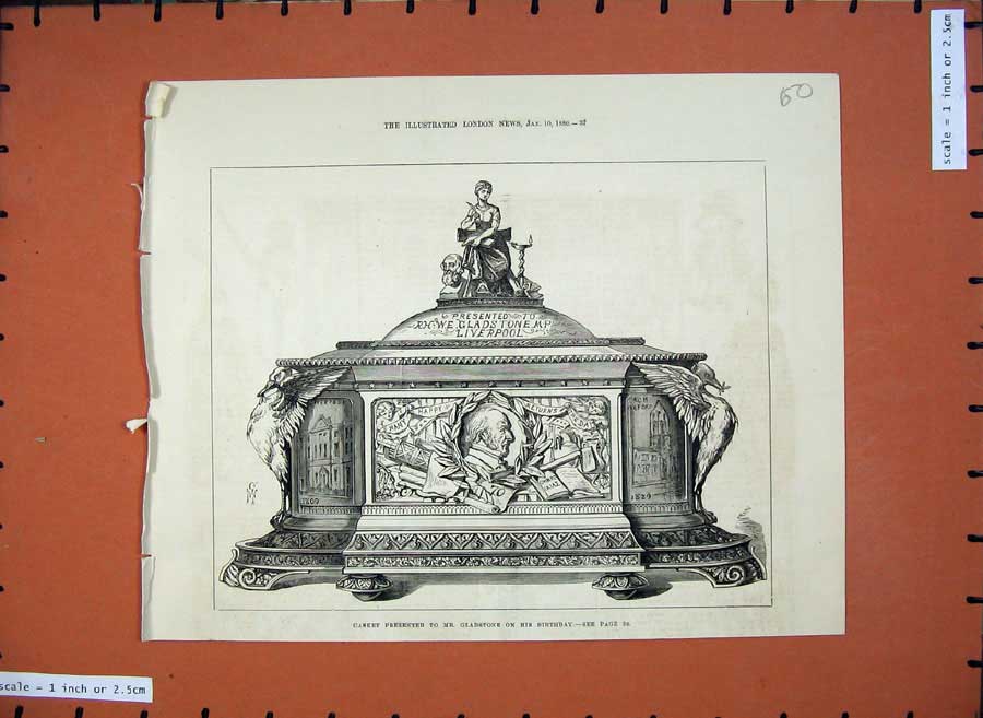 Old Antique Print 1880 Casket Mr Gladstone Liverpool Birthday Present Art 19th