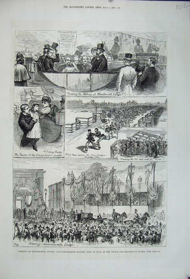 Old Antique Print 1880 Wandsworth Putney Hammersmith Bridges Prince Wales 19th