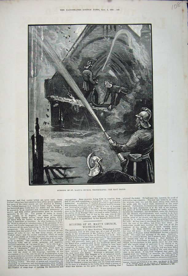 Original Old Antique Print 1880 Fire St Mary'S Church Whitechapel Fire-Men Art