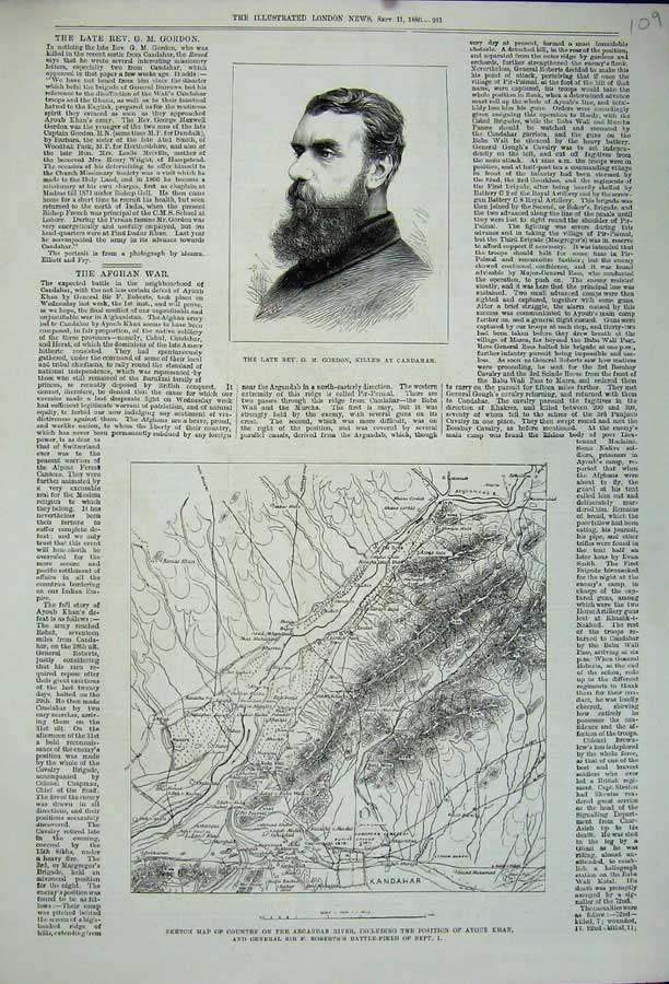 Old Antique Print 1880 Rev. Gordon Map Argandab River Ayoub Khan Robert'S 19th
